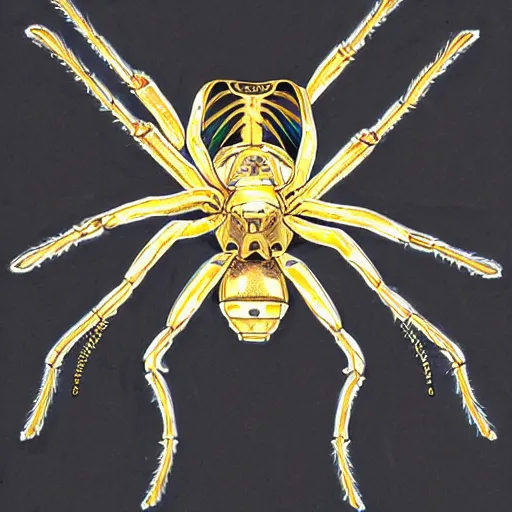 Image similar to ultra precise, asymmetric fineliner drawing of a gold plated mecha spider machine which embeds a man inside a squid, minimal injury, maximal squidification. three colour ink marker pen on rainbow spattered glossy paper. bold lines, gallery quality, winner of nobel prize for insanity