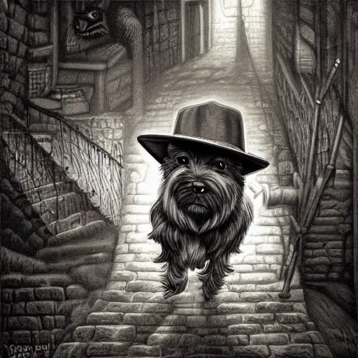 Prompt: detective yorkshire terrier wearing a fedora hat, in a dark alley, by Dan Seagrave art