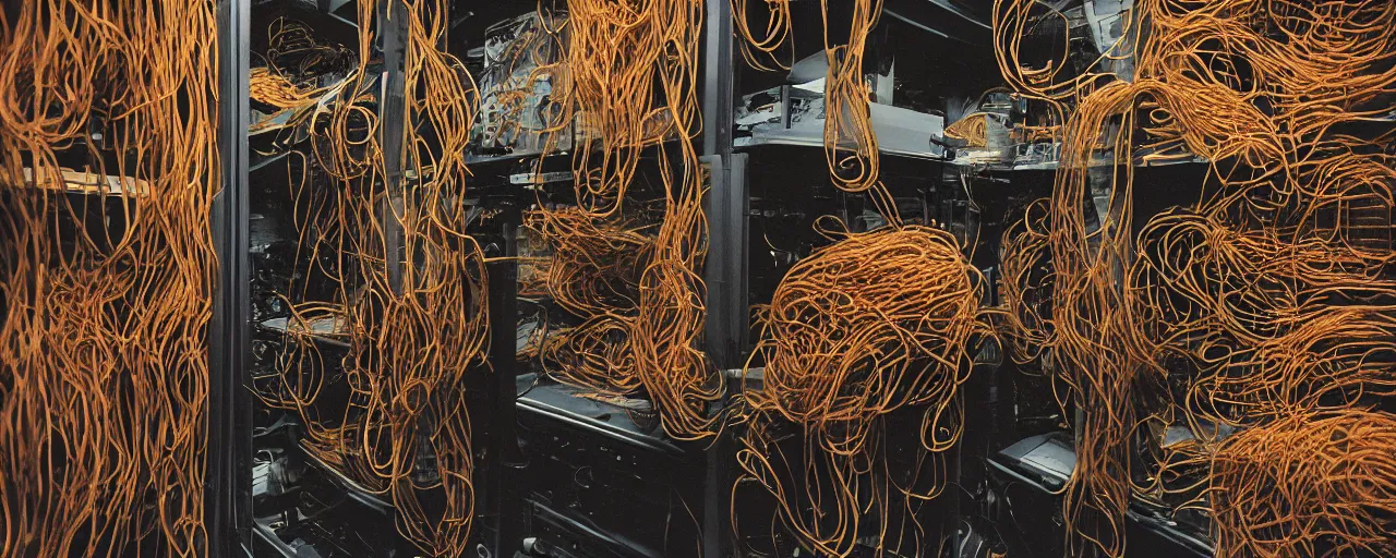 Image similar to taxidermized, a large computer server room overflowing with spaghetti, 5 0 mm, 1. 8 aperture, cinematic lighting, photography, retro, film, kodachrome, closeup