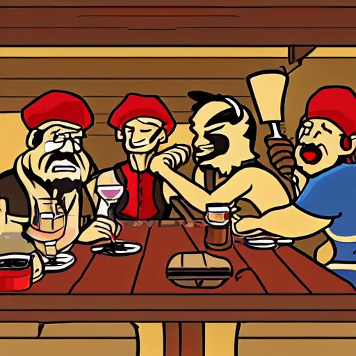 Prompt: important pirates drinking grog in a tavern table pixel