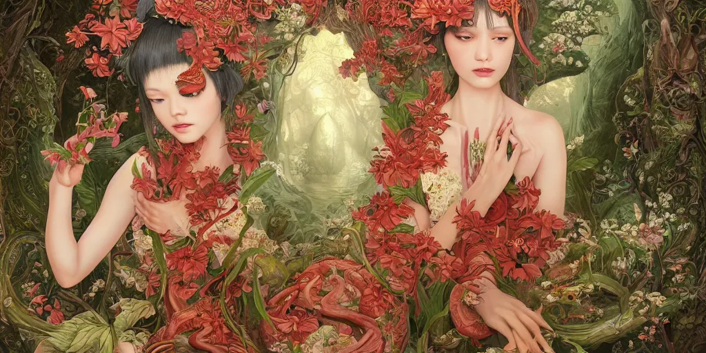 Image similar to breathtaking detailed concept art painting of the goddess of rafflesia arnoldii flowers, orthodox saint, with anxious, piercing eyes, ornate background, amalgamation of leaves and flowers, by Hsiao-Ron Cheng, James jean, Miho Hirano, Hayao Miyazaki, extremely moody lighting, 8K