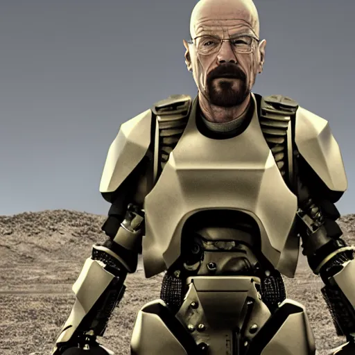 Image similar to Photo of Walter White in cybernetic battle armour, 4k octane render, highly detailed