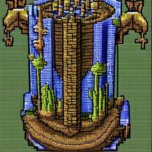 Image similar to A wizard's tower with mines and caves on its sides, sidescroller pixel art, sharp edges