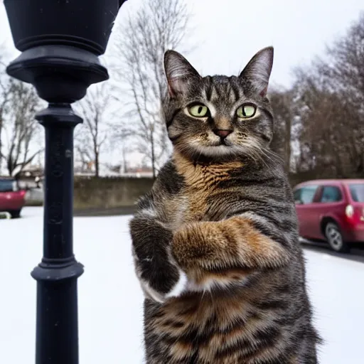 Prompt: A photo of a cat that has its tongue stuck to a lamp post due to the freezing cold. The tongue is connected to the lamp post.