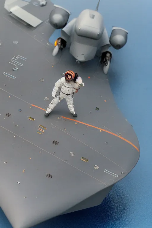 Prompt: Kodak portra 160, 8K, highly detailed, moebius 3/4 closeup portrait, clear eyes, focus on anti-g flight suit, tilt shift background: famous french artist in moebius anime remake, aircraft carrier scene