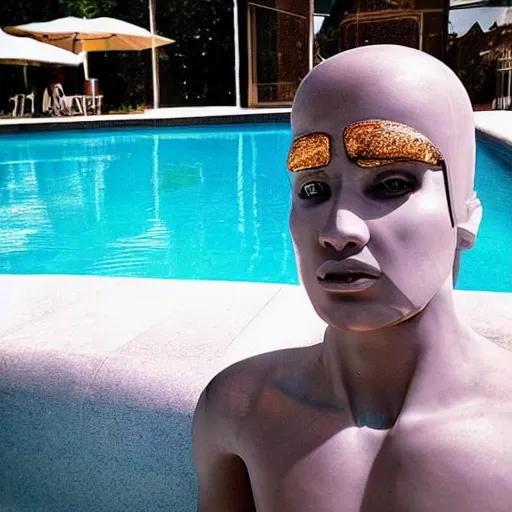 Image similar to “a realistic detailed photo of a handsome guy who is named Gordon Berta, frozen like a statue, with shiny skin, by a pool, on display, half humanoid, half robot, blank stare”