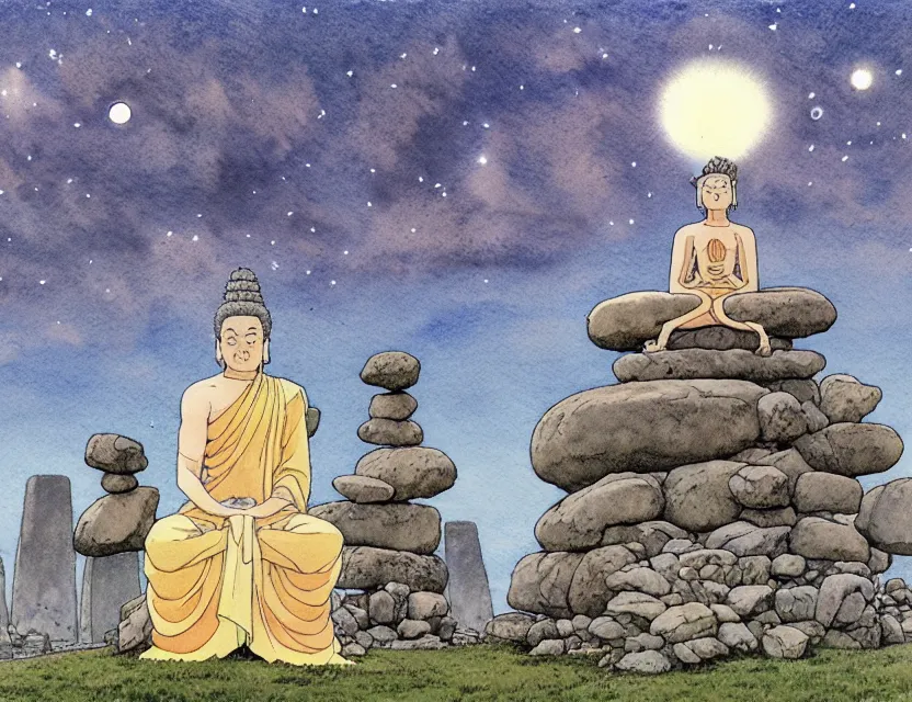 Image similar to a hyperrealist studio ghibli watercolor fantasy concept art of a giant long haired grey buddha in lotus position sitting on top of the stones of stonehenge with a starry sky in the background. a ufo is in the sky. by rebecca guay, michael kaluta, charles vess