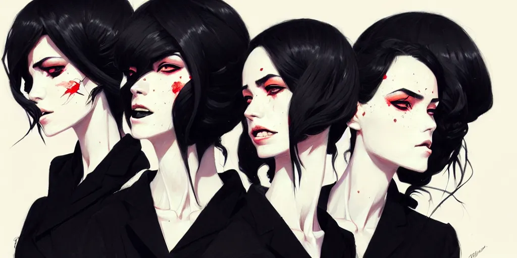 Image similar to a ultradetailed portrait painting of three women in black suits, by conrad roset, greg rutkowski and makoto shinkai trending on artstation