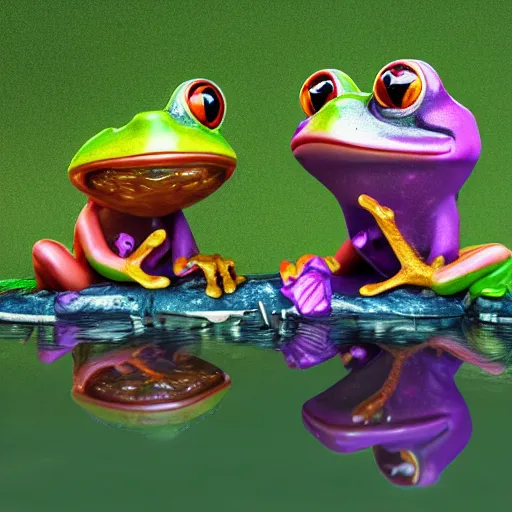 Prompt: two frogs on lsd have a laugh in an enchanted pond. Highly detailed octane render digital art.