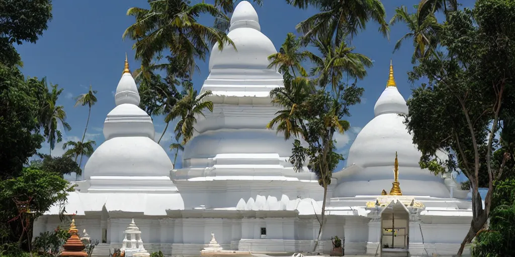 Image similar to sri lankan temple with white stupa, drawn by hayao miyazaki