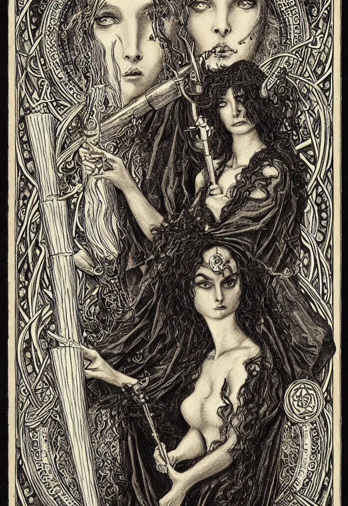 Image similar to tarot card of hecate the gloomy and beautiful goddess of witchcraft, torches, ancient keys, smokes, gustave dore, franklin booth, andrey remnev, trending on artstation, exquisite details, risography print, 4 k, 4 k