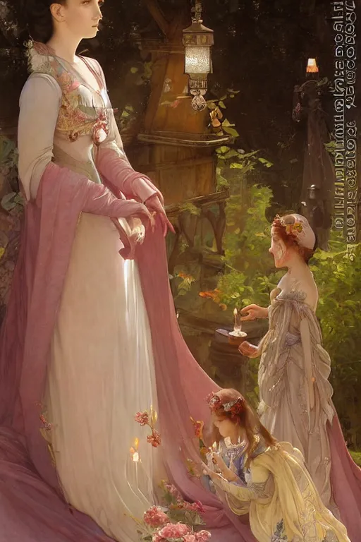 Image similar to a beautiful painting of a blushing princess in a tiara and an iridescent art nouveau gown resembling millie bobby brown watching the lantern festival in ancient london, intricate, elegant, highly detailed, digital painting, artstation, concept art, by krenz cushart and artem demura and william adolph bouguereau and alphonse mucha