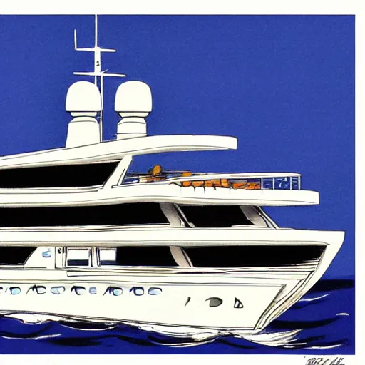 Prompt: a megayacht drawn by bill waterson - n 9