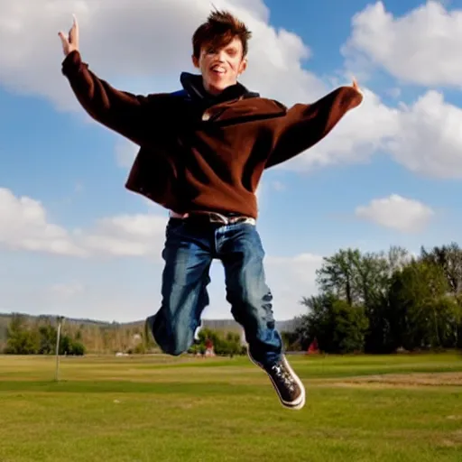 Prompt: 13 year old boy with brown hair flying in the air