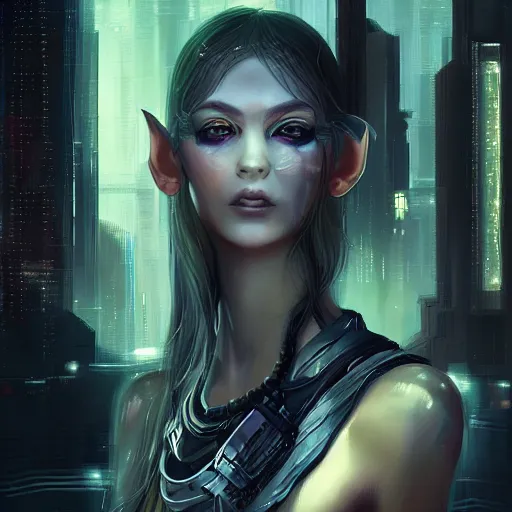 Image similar to portrait of an elf in a cyberpunk style, digital art, artstation cgsociety masterpiece