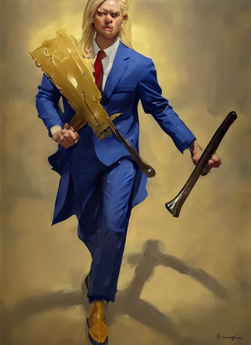 Prompt: greg manchess painting of a blond man in a blue suit with a sword and a pistol, asymmetrical, profile picture, organic painting, sunny day, matte painting, bold shapes, hard edges, street art, trending on artstation, by huang guangjian, gil elvgren, ruan jia, randy vargas, greg rutkowski