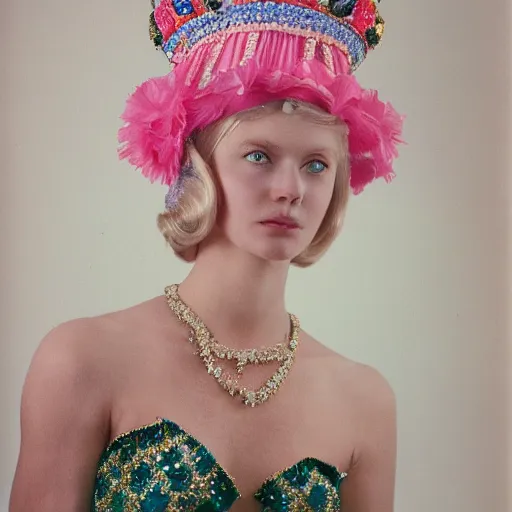 Image similar to a princess with long blonde hair and blue eyes wearing a sleeveless elaborately beaded pink dress and a cone shaped hat, high resolution film still, film by Simon Langton and David Frankel