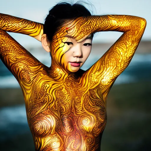 Prompt: asian girl, liquid golden and black fluid, magic hour, dramatic light, liquid voronoi pattern, golden bodypaint, world best photography