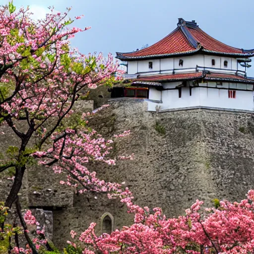 Image similar to japanese cherry blooming underneath the tesanj fortress