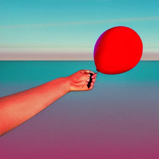 Prompt: album art of a hand holding a balloon coming out the water with a red sky by chris bilheimer, moody, digital art