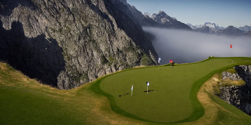 Prompt: a great photograph of the most amazing golf hole in the world, hangglider, perfect light, over a cliff, in the swiss alps, high above treeline, ambient light, 5 0 mm, golf digest, top 1 0 0, fog