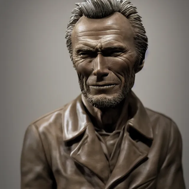 Image similar to photography of a sculpture of Clint Eastwood made of clay by Sebastian Kruger and Michelangelo, 50mm, studio atmosphere, 8K, rim light, octane render, ultra-realistic