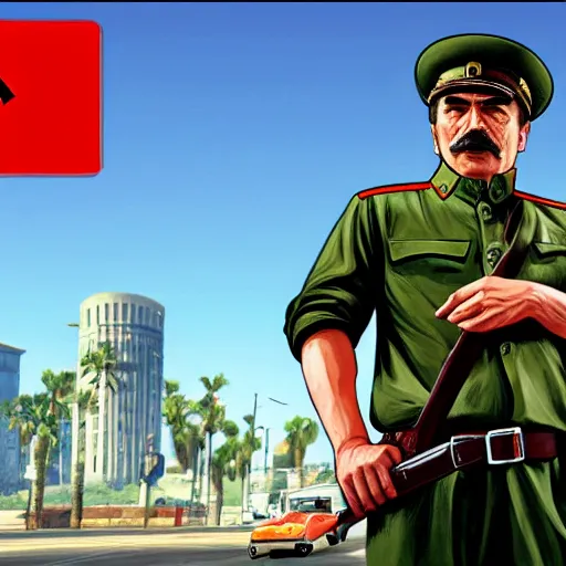 Prompt: joseph stalin pointing a gun at person in GTA V loading screen, HD