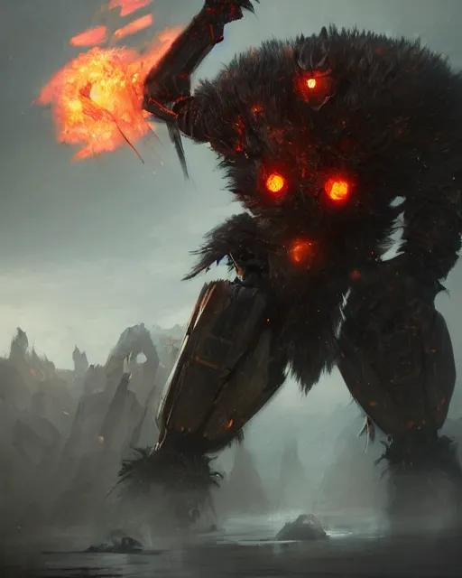 Prompt: oil painting of Angry Robot Berserker, wearing fur armor, claws, sharp focus, attack pose, fantasy style, octane render, volumetric lighting, 8k high definition, by greg rutkowski, highly detailed, trending on art Station, magic the gathering artwork, burning Battlefield background, centered