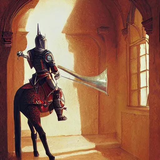 Prompt: knight, fantasy art, located in a castle, red armor, morning sunlight through the window, decorated, high quality, highly detailed,