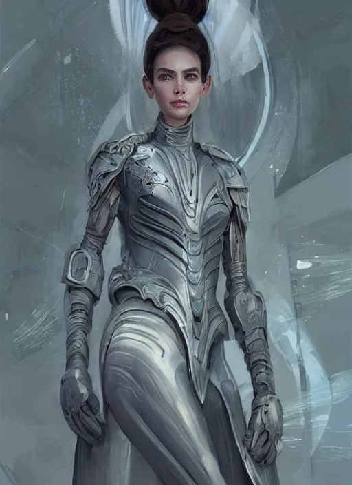 Image similar to a professional painting of a beautiful young female alien, clothed in ethereal armor, olive skin, long dark hair, beautiful bone structure, symmetrical facial features, intricate, elegant, digital painting, concept art, smooth, sharp focus, illustration, from Valerian and the City of a Thousand Planets, by Ruan Jia and Mandy Jurgens and Artgerm and William-Adolphe Bouguerea