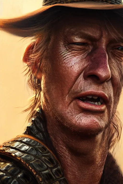 Prompt: ultra detailed close up facial portrait of crocodile dundee, extremely detailed digital painting, in the style of fenghua zhong and ruan jia and jeremy lipking and peter mohrbacher, mystical colors, rim light, beautiful lighting, 8 k, stunning scene, raytracing, octane, trending on artstation