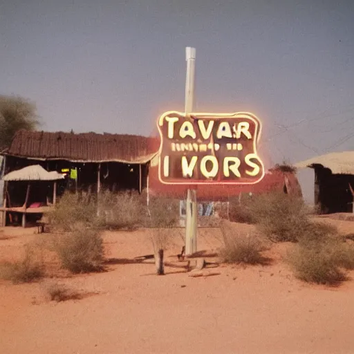 Prompt: old polaroids of taverns in northern namibia with neon signage