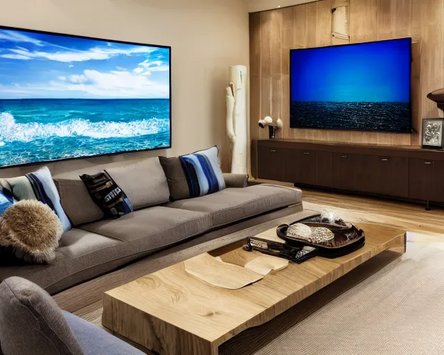 Image similar to A modern living room inspired by the ocean, a luxurious wooden coffee table with large seashells on it, 100 inch television playing drake and josh, amazing detail, 8k resolution, blue color, calm, relaxed style, harmony, wide angle shot