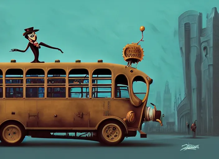 Image similar to matte sharp painting, a steampunk bus, juxtapoz, artforum, gary baseman, preston blair, tex avery, dan mumford, pedro correa