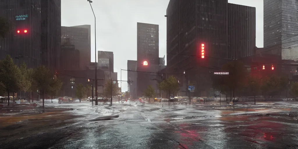 Prompt: queer autonomous downtown denver with heavy rain, cinematic, ultra - realistic, ultra - detailed, octane render, unreal engine 5, depth of field