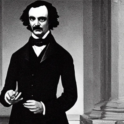 Image similar to a portrait of Edgar Allan Poe offering you the boof. Movie still.