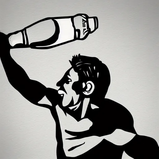 Image similar to an epic portrait of a man jumping in the while holding a bottle, highly detailed, high quality, digital art, five fingers, anatomically correct, dramatic lighting, studio quality