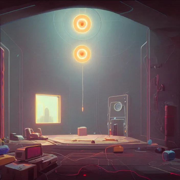 Prompt: inside a room eye of providence Lain Tomas Sanchez surrealism Simon Stålenhag