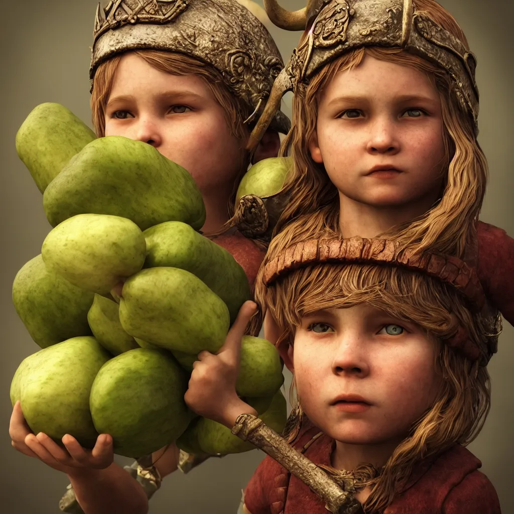 Image similar to profile picture of a Viking child holding vegetables, intricate, ornate, photorealistic, ultra detailed, octane render, high definition, depth of field, bokeh, 8k, artstation, cgsociety