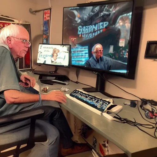 Prompt: bernie sanders playing videogames in a dank basement, highly detailed, 8 k, artstation