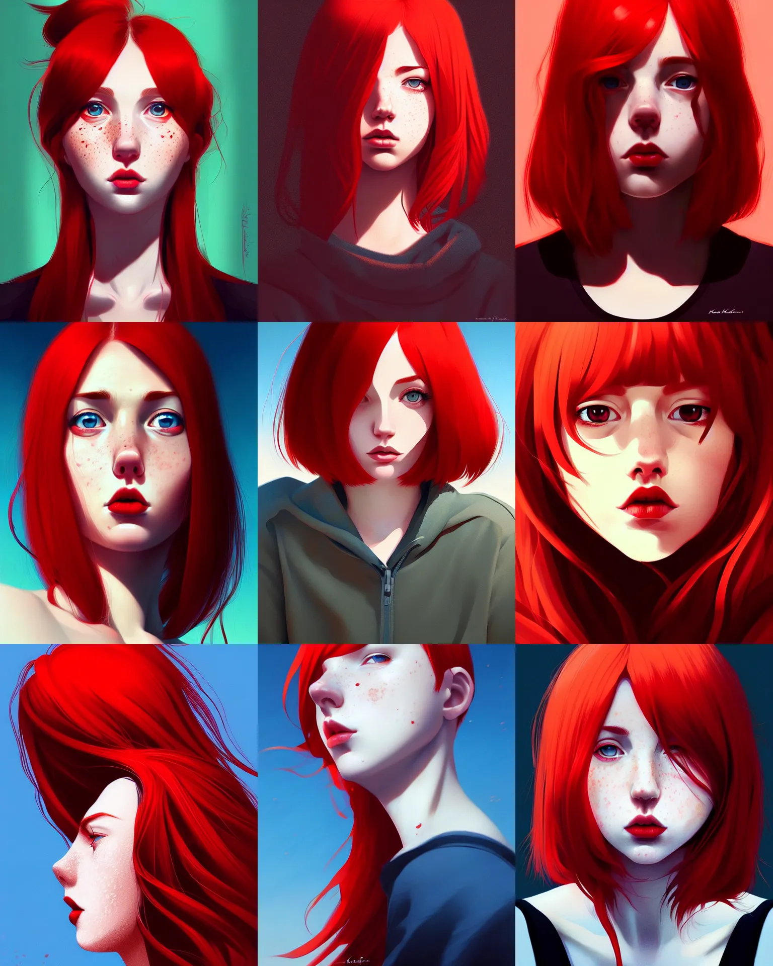 Prompt: a detailed portrait of a mousey!!!! woman with red hair and freckles by ilya kuvshinov, digital art, dramatic lighting, dramatic angle