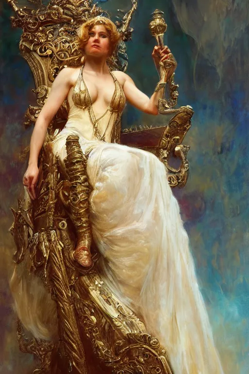 Image similar to full body portrait of blind muse astride her throne, highly detailed painting by gaston bussiere, craig mullins, j. c. leyendecker, 8 k, mid shot