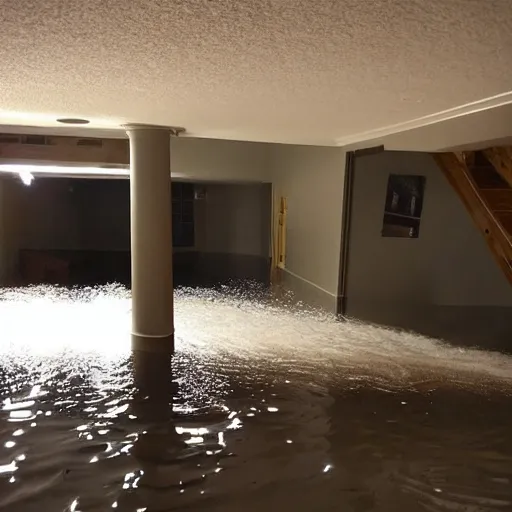 Prompt: a flooded empty basement hallway, craigslist photo