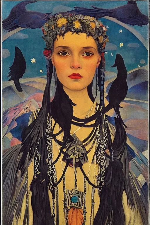 Image similar to punk queen of the crows with stars in her hair by Nicholas Roerich and Annie Swynnerton and Diego Rivera and jean delville and Carl Larsson, dramatic cinematic lighting , silver jewelry, ornate headdress, sacred artifacts, lost civilizations, smooth, sharp focus, extremely detailed