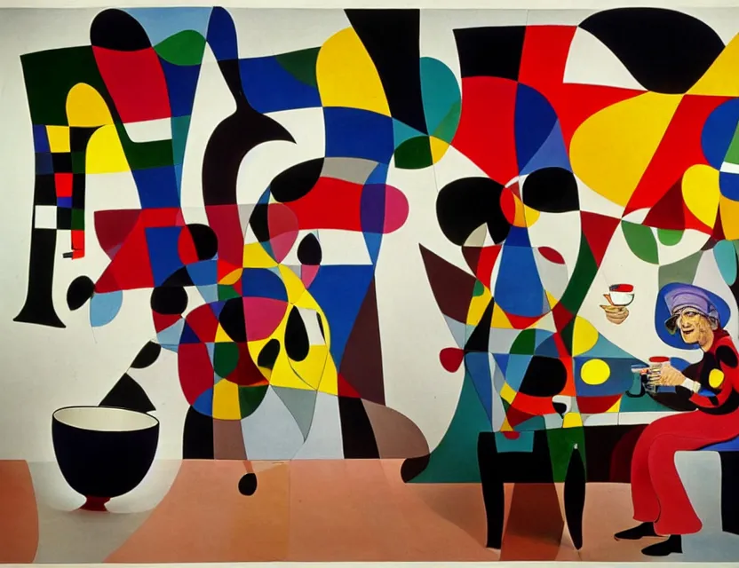 Prompt: a colorful installation sculpture artwork of a old and strange dusty professor in black suite and hat and a old woman making a study of drinking 1 0 cups of black coffee in 5 seconds in a kitchen that is melting, styled by joan miro and niki de saint phalle