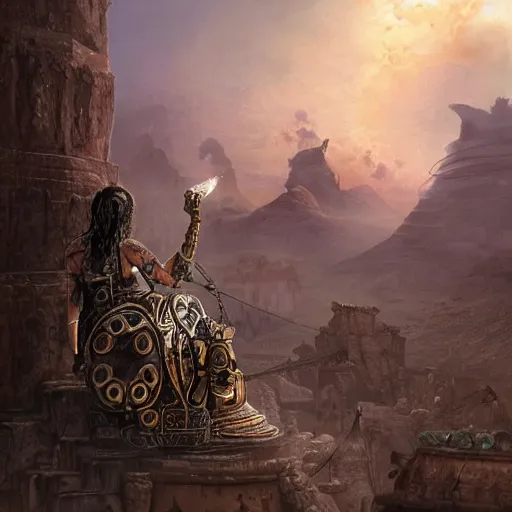 Image similar to epic view of an ancient Desert surrounded by clouds, Portrait of a Giant imposing biomechanical Genie covered in jewels, ornate, Beautiful biomechanical Genie, full of strange statues and murals, full of smoke and dust, hyper real, Indiana Jones, Tomb Raider, trending on artstation, concept art, cinematic, jewels, by Greg Rutkowski