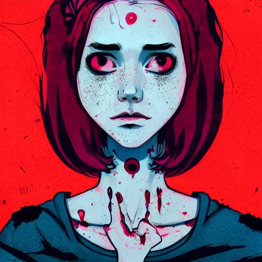 Image similar to Highly detailed portrait of pretty punk zombie young lady with, freckles and beautiful hair by Atey Ghailan, by Loish, by Bryan Lee O'Malley, by Cliff Chiang, inspired by image comics, inspired by graphic novel cover art, inspired by izombie, inspired by scott pilgrim !! Gradient red, black and white color scheme ((grafitti tag brick wall background)), trending on artstation