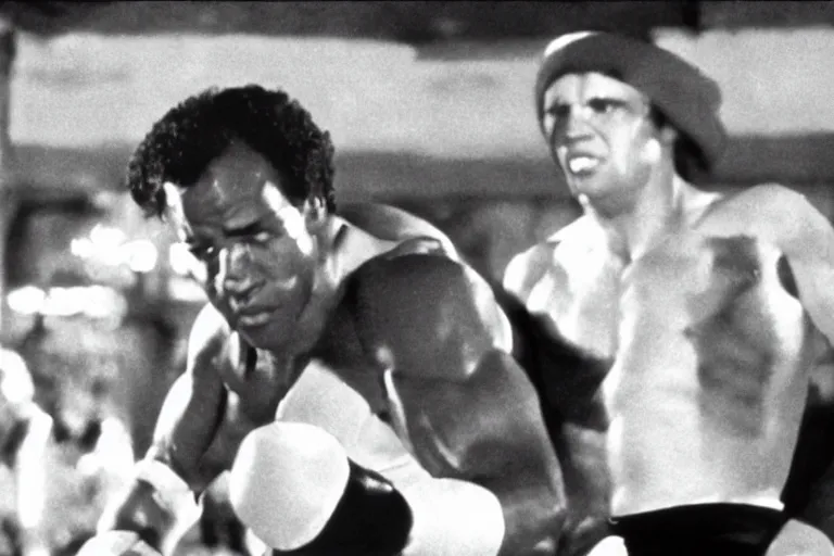 Image similar to film still frame of biden in rocky, high quality