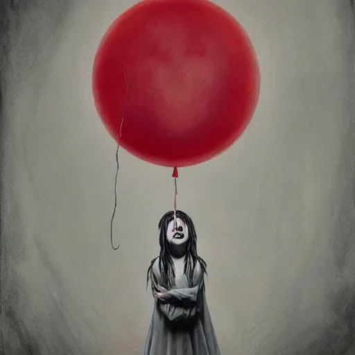 Prompt: grunge painting of a billie eilish with a wide smile and a red balloon by Zdzisław Beksiński, loony toons style, pennywise style, corpse bride style, rick and morty style, creepy lighting, horror theme, detailed, elegant, intricate, conceptual, volumetric light