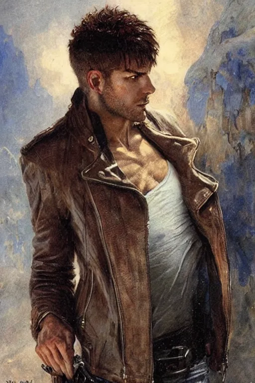 Image similar to a thirty - five year old contract killer named cobalt. he wears a brown leather jacket with a bloody white t - shirt tucked into his jeans. art by gaston bussiere.